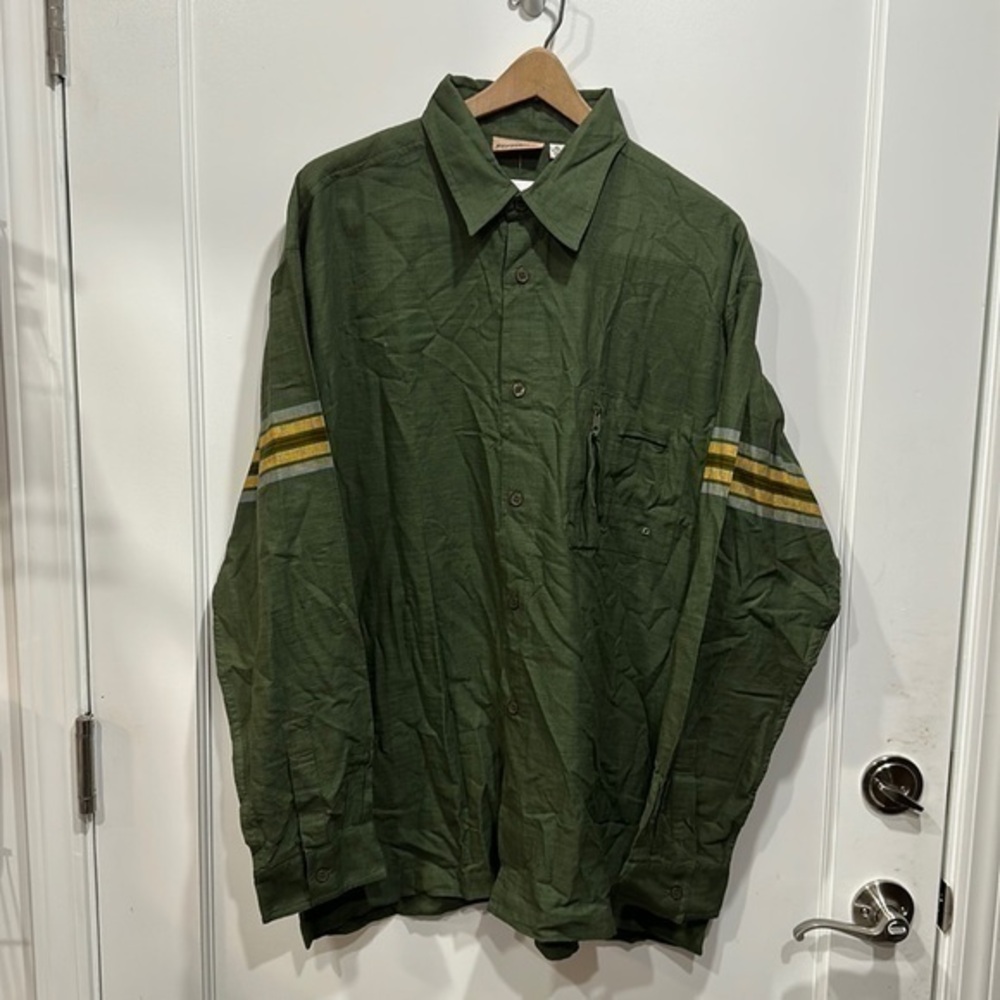 Plywood Green Button Front Shirt with Striped Sleeves